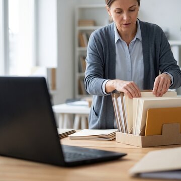 Focused mature businesswoman organizing paper documents and file folders at office desk near laptop