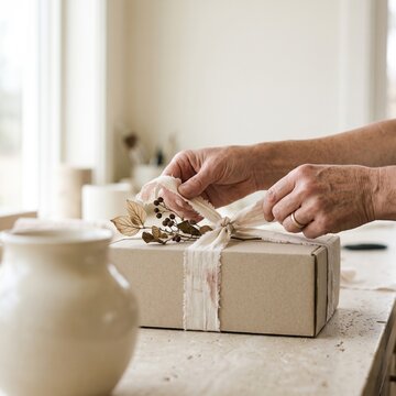 Close-up of artisan hands carefully tying a linen ribbon bow on an eco-friendly craft gift box decorated with dried plants