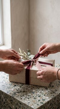 Two people wrapping an elegant gift box with natural paper, silk ribbon, and botanical foliage on a terrazzo table