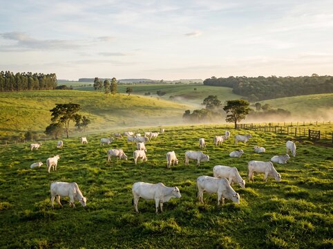 Herd of white Nelore cattle grazing on lush green rolling hills of a rural pasture at sunrise with morning mist