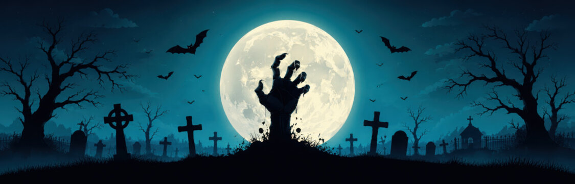 halloween zombie hand in front of full moon