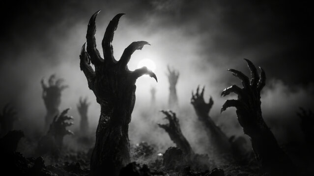 Shadow overlay effect for halloween background with Terrifying scary hands with long nails,Creepy monster claw,silhouette of hands,zombie hand rising out of a graveyard