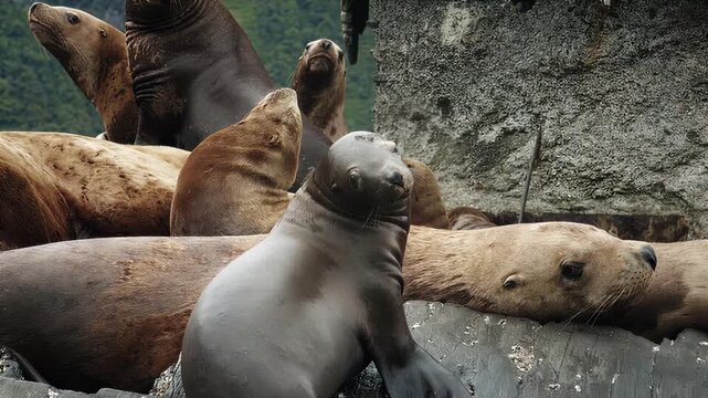 Group of wild sea lions resting on a rocky coastal shore in their natural marine environment