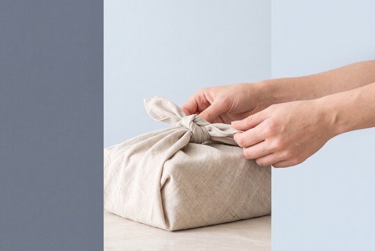 Woman hands wrapping a gift box in natural linen fabric using traditional furoshiki technique for zero waste sustainable celebration
