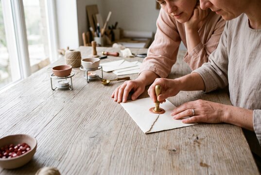 Two Artisans Sealing Handmade Paper Envelope with Traditional Wax Stamp at Wooden Table in Creative Studio