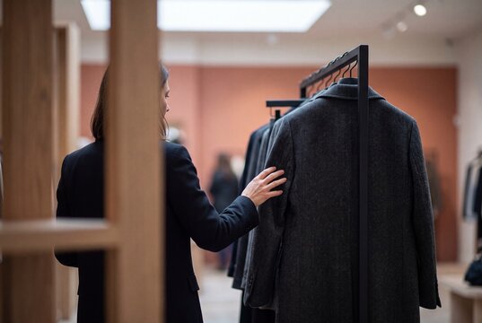 Young woman browsing through elegant winter coats on a clothes rack in a modern fashion boutique