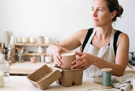 Woman artisan packing a handmade soy candle into eco-friendly cardboard packaging in her home workshop studio