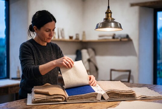 Female interior designer examining various fabric swatches and textile samples in a cozy rustic design workshop