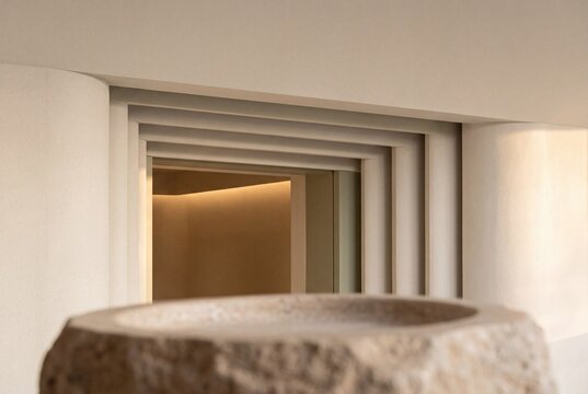 Modern minimalist interior architecture featuring stepped geometric frames, warm ambient lighting, and a rough stone basin in the foreground