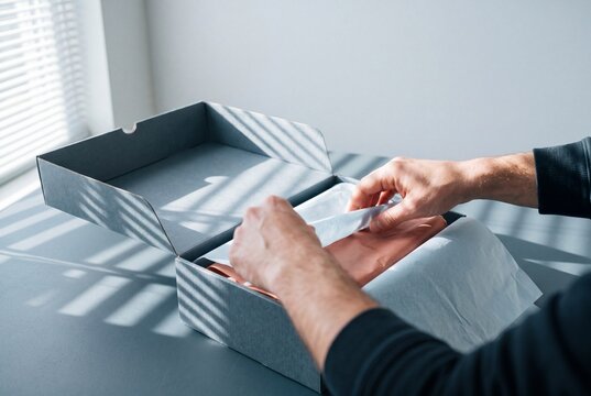 Hands opening a cardboard shipping parcel box with wrapped clothing on a desk in bright sunlight