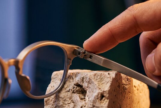 Close-up of a human hand demonstrating the flexible titanium hinge mechanism of modern eyewear frames