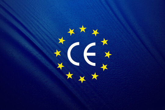CE text and icons on blue river background.The CE standard is an international standard mark originating from Europe.