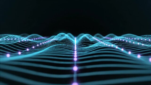 Glowing blue data waves flowing through a dark space with interconnected nodes in this smooth abstract 3d digital motion clip