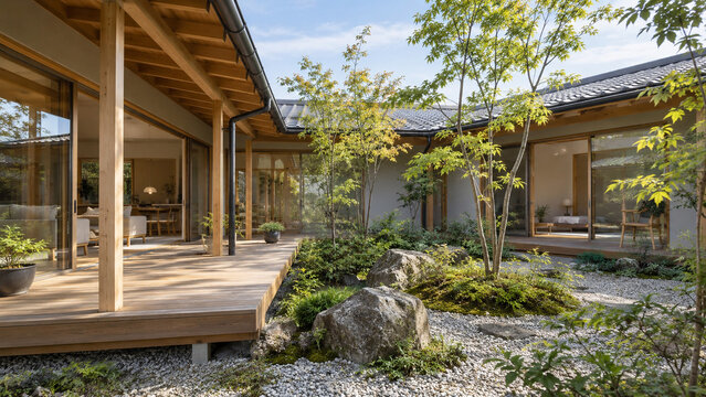 コの字型中庭を囲む和風平屋住宅のウッドデッキ写真