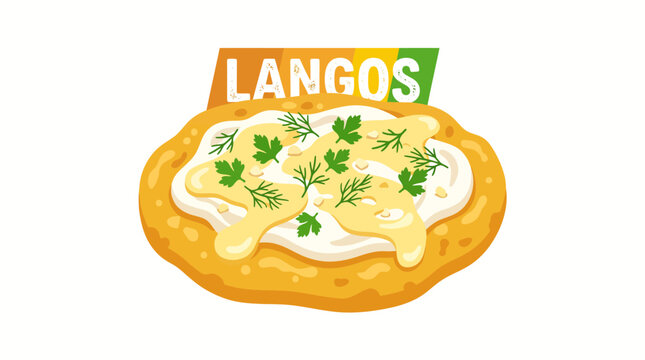  Colorful Hungarian langos with golden fried dough, creamy sour cream, melted cheese, herbs, and garlic, isolated on a clean white background. Modern flat vector for Hungarian food, street food, resta