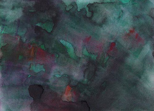 Watercolor background dark green created by hand, featuring stains and artistic elements