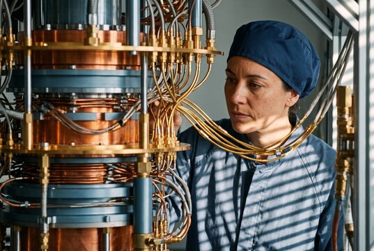 Female engineer inspecting complex hardware and wiring of a quantum computer in a high-tech laboratory