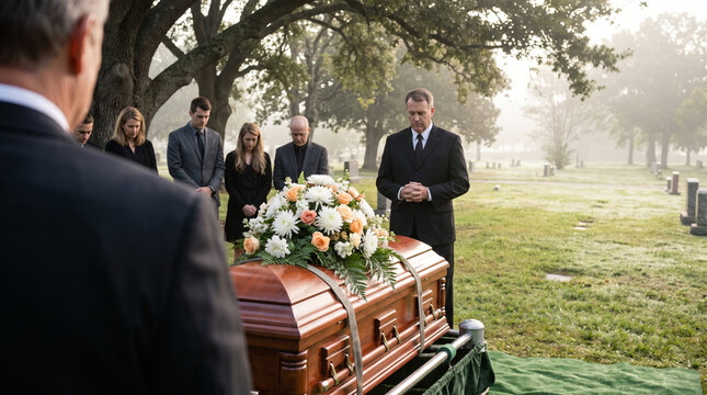 Attendee viewing solemn outdoor graveside committal service
