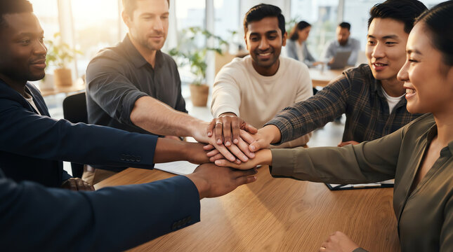 Diverse business team stacking hands together in office meeting for unity
