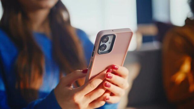 Pink smartphone woman hands close up. Focus pull to smiling girl texting cafe.