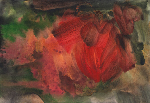 Vibrant red and green watercolor background filled with hand-painted stains and artistic expressions