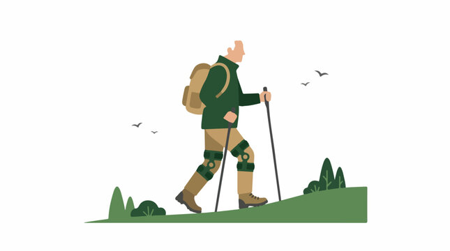 Senior man hiking up a gentle hill, equipped with motorized knee supports in forest green and tan. Minimalist nature elements, flat landscape, 5-color palette, high white space. trace optimized,