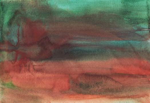 Watercolor green and brown background with hand-painted textures and stains on paper