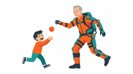 Obraz premium A grandfather wearing a high-tech mobility exoskeleton playing ball with his young grandson. Dynamic movement, joyful atmosphere, wide white background. Pallet: White, Bright Orange, Charcoal,