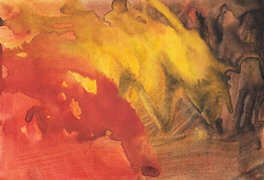 Colorful watercolor background with hand painted stains on paper showcasing shades of red, yellow, and brown