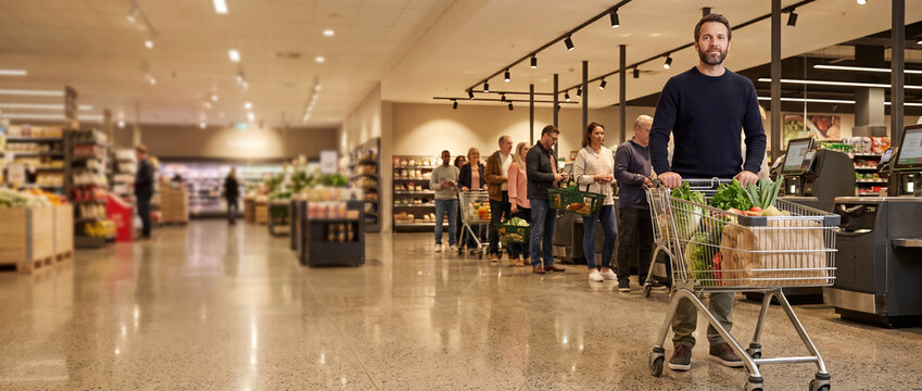 Male customer waiting with shopping cart in busy checkout queue