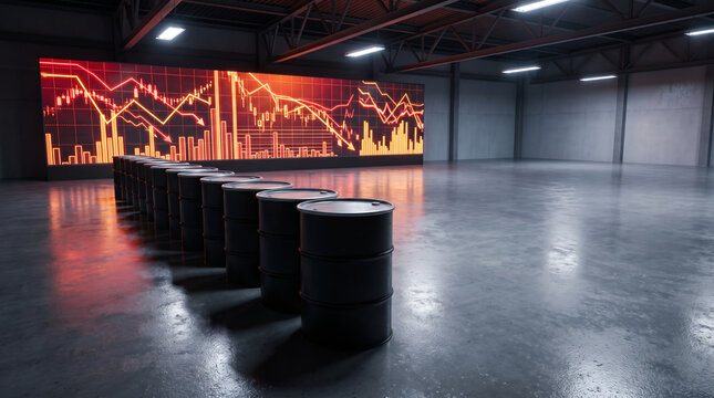 Row of black steel oil barrels inside wet industrial terminal