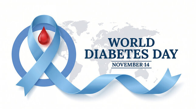 Blue ribbon and blood drop diabetes awareness banner with copy space