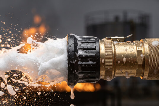 Fire suppression nozzle blasting aerated foam in macro detail