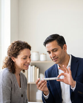 Endocrinologist explaining insulin pen use to female patient