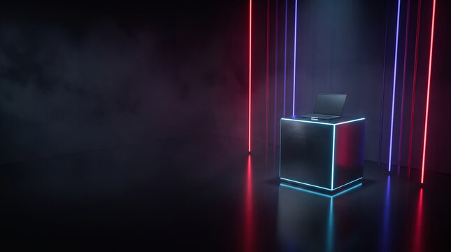 Futuristic empty retail showroom with illuminated product pedestal