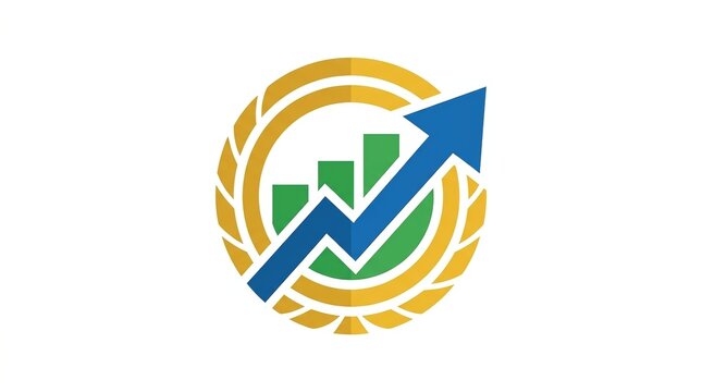 Financial growth logo with upward blue arrow and green bar chart framed by golden laurel wreath icon.