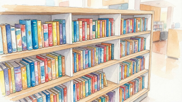 Watercolor painting illustration of a wooden bookshelf filled with colorful books in a bright library interior.