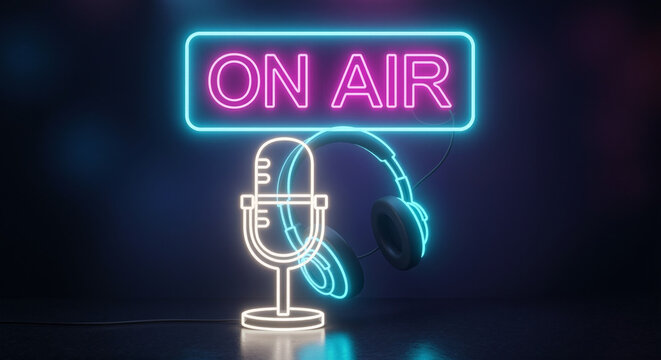 Neon on air sign glowing above microphone and headphones for live podcast broadcast audio recording studio concept