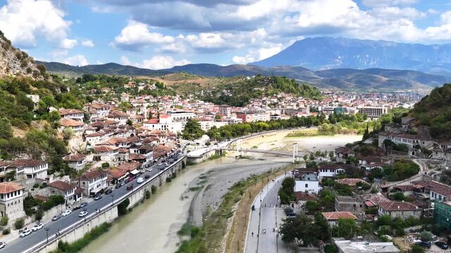 Berat Town Centre River and Bridge Albania Aerial Drone 4K