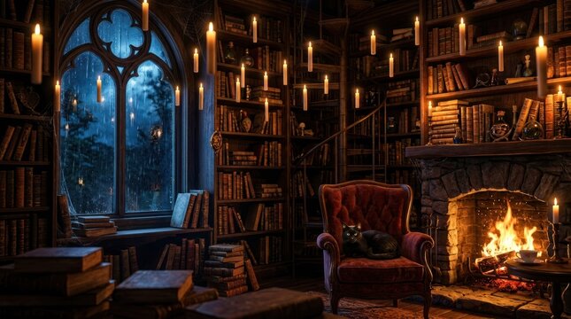 Magical gothic library with floating candles and cozy fireplace.