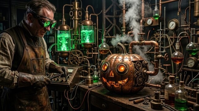 Steampunk inventor in lab with glowing mechanical pumpkin head.