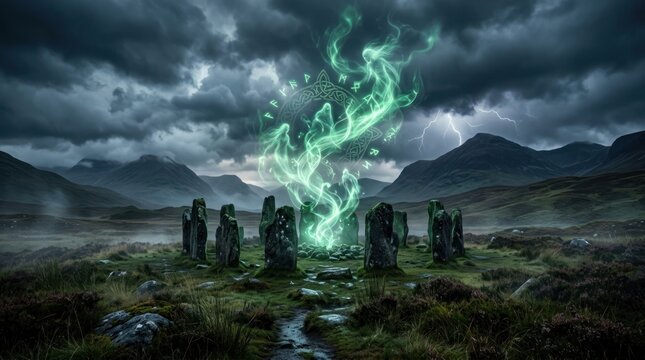 Glowing green spirits rising from ancient stone circle in hills.
