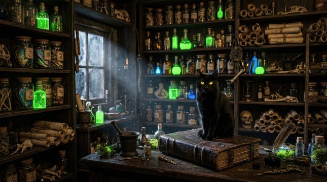 Black cat in dark alchemy lab with glowing potions.