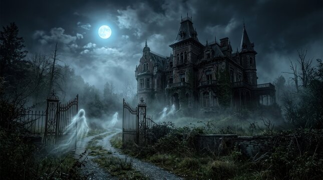 Haunted gothic mansion at night with ghostly figure gateway