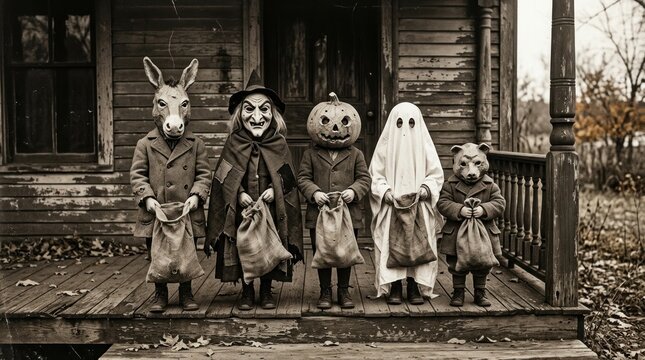 Group of children in vintage creepy Halloween costumes.