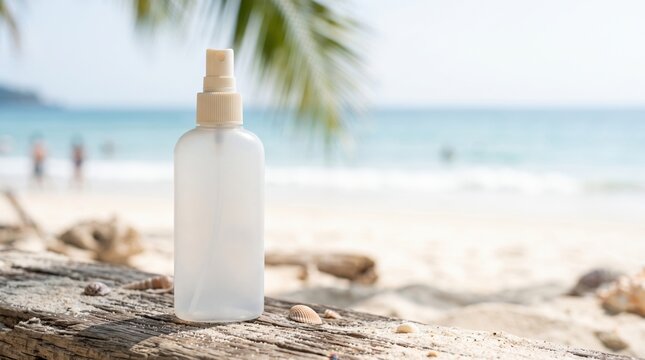 Beach insect repellent bottle on wooden log with ocean view in background. Beach insect repellent spray sits on sunlit wood, showcasing summer vibes and outdoor relaxation.
