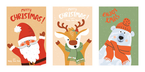 Fototapeta premium Set of Christmas greeting cards with cute characters. Cartoon Santa Claus, reindeer, polar bear. Flat style vector illustrations on background with grainy texture. Ideal for holiday posters, banners.