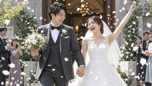 フラワーシャワーで祝福される新郎新婦の写真