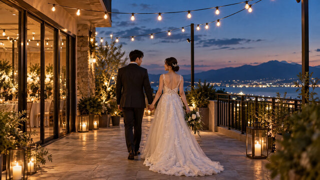 夜景のテラスを歩く新郎新婦のナイトウェディング写真