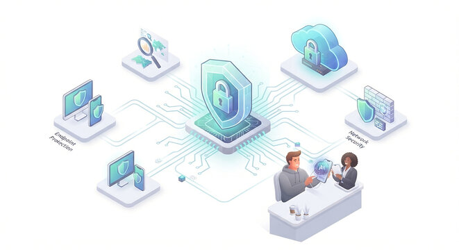 Isometric cybersecurity network system connecting endpoint protection, network security, secure cloud storage, and digital data monitoring